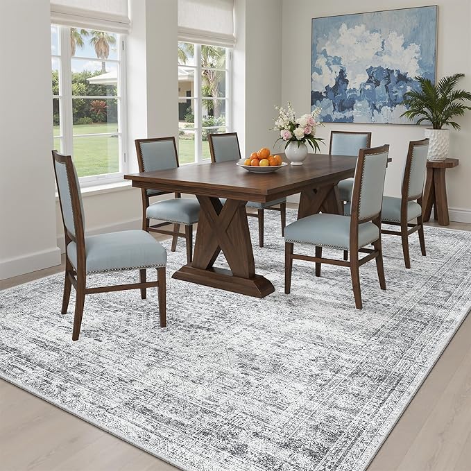Soalmost 5x8 Area Rugs Grey Low Pile Indoor Washable Trendy Faded Style Rugs for Bedroom Living Room Dining Room Foldable Non-Slip Thin Print Home Office Mat