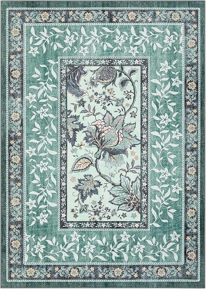 GarveeHome Teal Washable 5x7 Area Rugs, Botanical Grove Vintage Cottage core Non-Slip Rug for Bedroom Living Room Nursery Kitchen Low-Pile Retro Carpet
