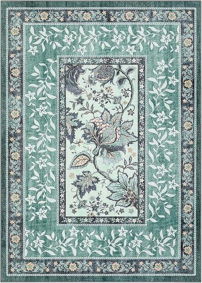 GarveeHome Teal Washable 5x7 Area Rugs, Botanical Grove Vintage Cottage core Non-Slip Rug for Bedroom Living Room Nursery Kitchen Low-Pile Retro Carpet