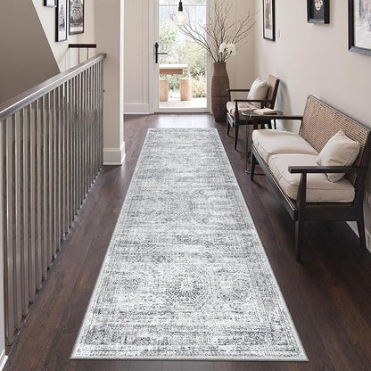 Kitchen Runner Rug Non Slip - 2.5 x 8 Runners for Hallways, Entryway, Bedroom, Washable Runner Rugs for Bathroom, Laundry Room, Low Pile Soft Vintage Area Rug(2.5'x8', Grey/Ivory)