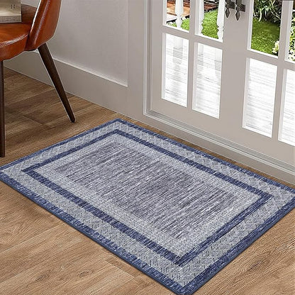GarveeHome Modern Geometric Area Rug 2x3 Distressed Bordered Washable Non Slip Floor Small Carpet Non Shedding Thin Soft Low Pile Rug, Contemporary Navy Blue Rug for Dining Room, Living Room
