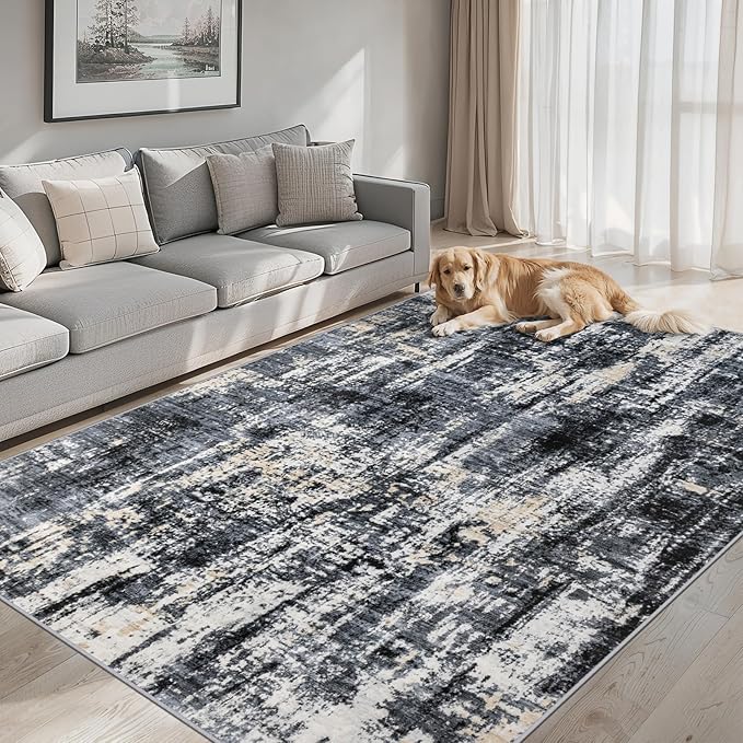 6x9 Area Rugs for Living Room - Washable Rug Modern Abstract Soft Large Neutral Non-Slip Carpet Indoor Floor Thin Carpets for Bedroom Dining Room Farmhouse Nursery Home Office Black Gold