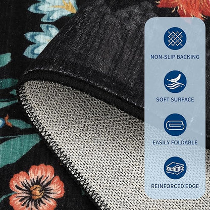 GarveeHome Floral Rug 2.5x10 Runners for Hallways, Boho Kitchen Runner Rugs Non Slip Bath Runners, Vintage Washable Runner Rug for Bedroom, Soft Long Rugs for Entryway Bathroom Laundry Dorm, Black