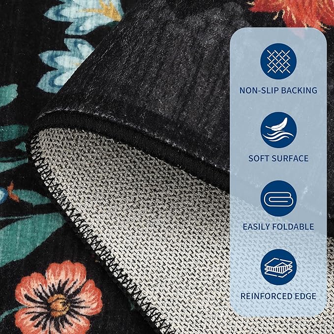 GarveeHome Washable Rug 3x5 Area Rugs for Living Room, Floral Rug for Bedroom, Soft Boho Non Slip Throw Rugs with Rubber Back, Low Pile Stain Resistant Vintage Floral Carpet for Dining Room, Black