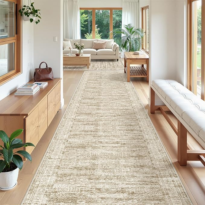 3x20 Washable Runner Rug for Hallway, Non-Slip Long Hallway Runner for Entryway, Soft Vintage Kitchen Mats for Floor, Abstract Dining Room, Bedroom, Living Room Rugs(3'x20', Brown/Ivory)