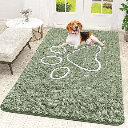 OLANLY Dog Door Mat for Muddy Paws 70x46, Paw Print Design, Absorbs Moisture and Dirt, Non-Slip Washable Doormat, Quick Dry Chenille Mud Mat for Dogs, Entry Indoor Entryway Carpet, Sage Green