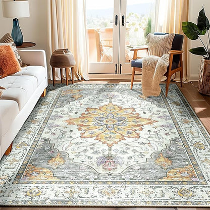RELEANY Area Rugs 6'x9' Washable Non-Slip, Floral Vintage Distress Print Pattern Medallion Carpet for Living Room Bedroom Dining Room, Light Yellow Carbon Grey Orange