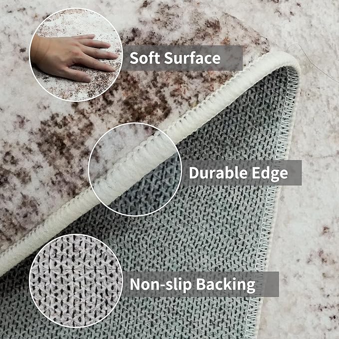 3x6 Washable Entryway Runner Rug: Non Slip Wide Hallway Runners Easy-to-Clean - Soft Living Room Bedroom Kitchen Carpet - Thin Low Pile Printed Floor Mat for Dining Room Beige Brown