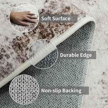 3x6 Washable Entryway Runner Rug: Non Slip Wide Hallway Runners Easy-to-Clean - Soft Living Room Bedroom Kitchen Carpet - Thin Low Pile Printed Floor Mat for Dining Room Beige Brown
