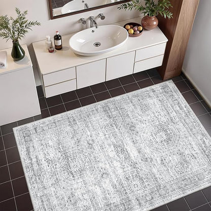 3x4 Washable Area Rug for Entryway, Soft Kitchen Rugs Non Slip for Dining Room, Vintage Abstract Living Room Rug, Thin Area Rugs Indoor for Bedroom, Kids Room Decor(3'x4', Grey/Ivory)
