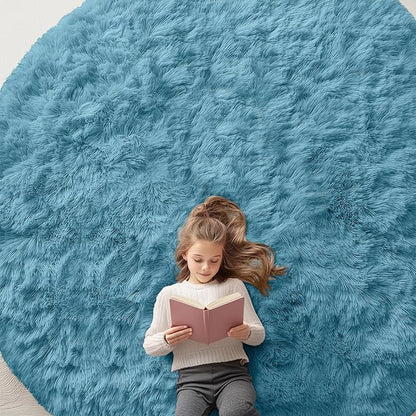 OLANLY Slate Blue Round Rugs for Bedroom - Machine Washable, 9 ft Circle Area Rugs for Living Room, Soft and Fluffy Shaggy Carpet for Teen Girl and Boys, Nursery Rooms, Dorms, Home Decor Aesthetic