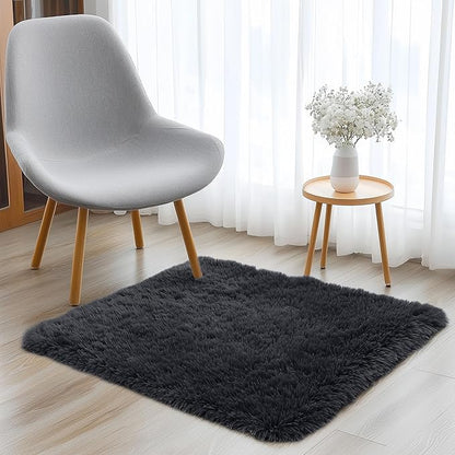 OLANLY 3x3 Machine Washable Small Bedside Rug, Soft Fluffy Shaggy Entryway Throw Rugs for Bedroom, Living Room, Indoor Floor Carpet for Kids Girls and Boys, Nursery Rooms, Home Decor Aesthetic, Black