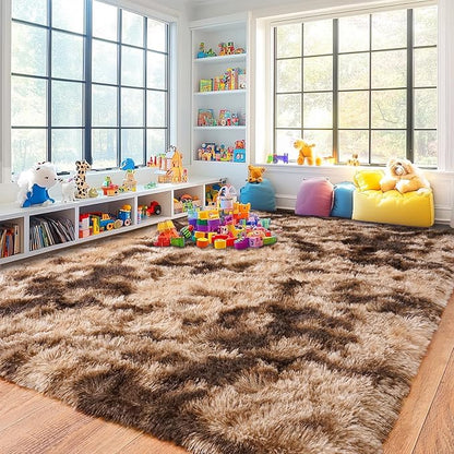 Pionblank 8x10 Rug for Living Room, Fuzzy Plush Large Area Rug Brown, Fluffy Modern Shag Non Slip Soft Furry Carpet for Bedroom Kids Room Nursery Teens Dorm Home, Tie-Dyed Coffee