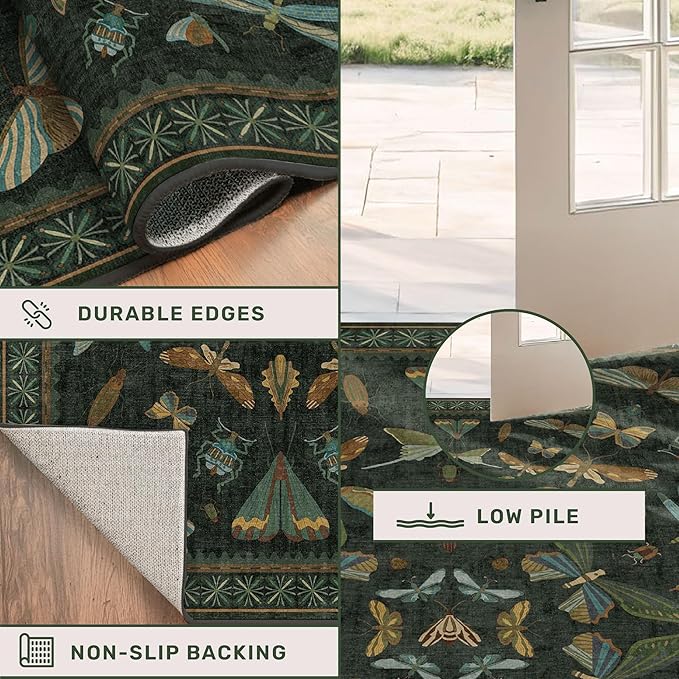 Dark Green 3x10 Extra Long Runner Rugs for Hallways - Boho Kitchen Rug Non Slip, Wide Indoor Floor Mats for Entryway, Insect & Floral Design Low Pile Stain Resistant Carpet