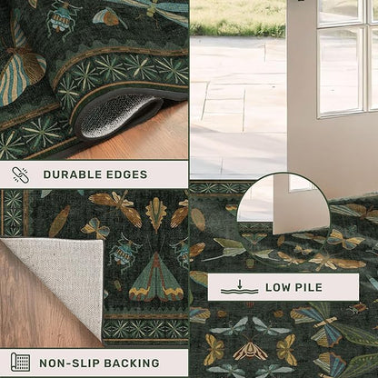Dark Green 2'6"x10' Long Runner Rugs for Hallway - Boho Wide Washable Non Slip Indoor Entryway Rug, Low Pile Vintage Design - Stain Resistant Carpet