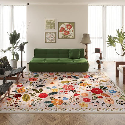 Rugcomf Area Rugs 8x10 Rug for Living Room Clearance Washable Boho Area Rug Non Slip Floral Vintage Low Pile Large Rug for Living Room, Bedroom, Farmhouse, Dining Room, Kids Playroom(Beige)