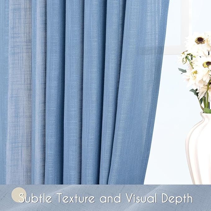 Denim Blue Curtains for Living Room Back Tab Modern Farmhouse Semi Sheer Blue Curtains 96 inches Long 2 Panels Set Muted Neutral Window Curtain for Dining Room Bedroom 52x96