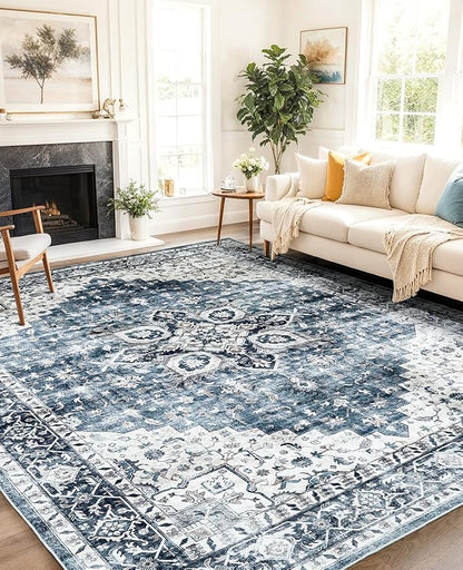 AMADA HOMEFURNISHING 8x10 Washable Area Rug, Low-Profile with Non-Slip Backing & Durable Edge Binding, Vintage Large Rugs for Living Room, Bedroom, Dining Room, Blue