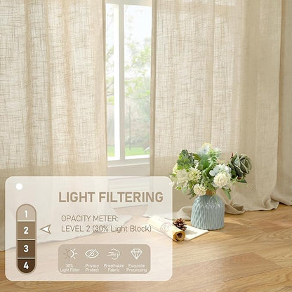 LAMIT Extra Wide Linen Curtains for Bedroom, Natural Light Filtering Faux Linen Textured Panels Semi Sheer Back Tab and Rod Pocket Boho Drapes for Living Room/Farmhouse, 2 Panels, Linen, 60 x 84 Inch