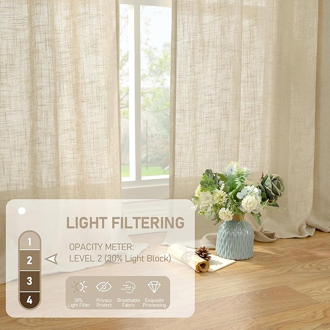 LAMIT Linen Kitchen Curtains 30 Inch Length, Semi Sheer Light Filtering Window Panels Back Tab and Rod Pocket Drapes for Cafe/Small Windows, Linen, 25 x 30 Inch, 2 Panels