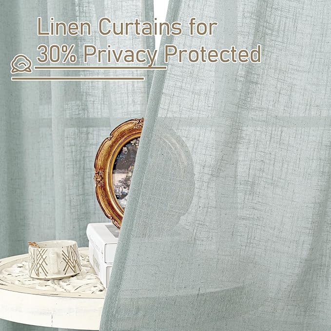 LAMIT Living Room Linen Curtains 90 Inch for Bedroom, Bronze Grommet Linen Textured Sheer Curtains Light Filtering Burlap Drapes for Farmhouse, 2 Panels, 52 x 90 Inch, Greyish Blue