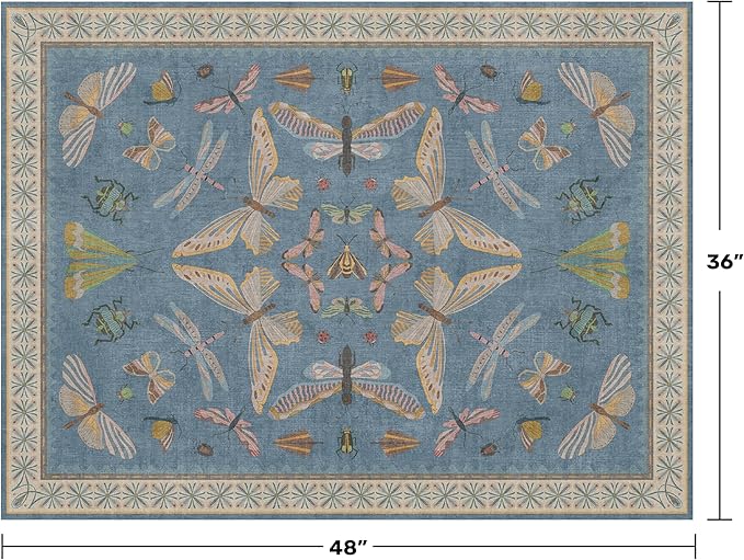 Hazo Haus Washable Blue Rugs for Bedroom Bedside - 3x4 Area Rug for Large Kitchen, Entrance Indoor, Boho Insect Print Bug Décor, Non Slip Low Pile Fade Resistant