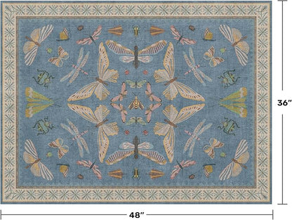 Hazo Haus Washable Blue Rugs for Bedroom Bedside - 3x4 Area Rug for Large Kitchen, Entrance Indoor, Boho Insect Print Bug Décor, Non Slip Low Pile Fade Resistant