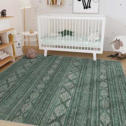 Nakagishi Green Rug Area Rugs 5x7: Washable Boho Large Neutral Modern Soft Farmhouse Rug Stain Resistant Indoor Floor Non-Slip Carpet for Women Home Enthusiasts Aged 25-45 - Bedroom Room Decor