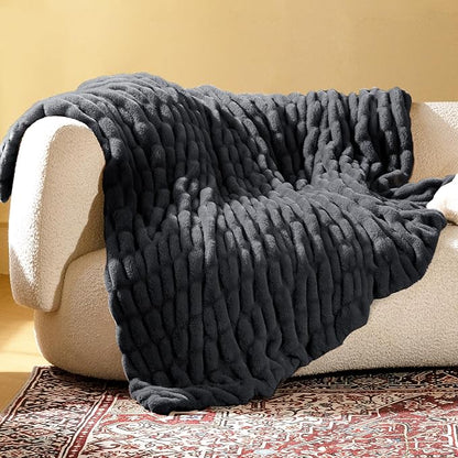 Ultra Soft Cozy Faux Fur Throw Blanket, Fuzzy Plush Thick Bubble Blanket, Oversize Luxury Fluffy Blanket for Couch, Sofa, Bedroom, and Living Room,50x60 Inches,Double Sided Charcoal Gray
