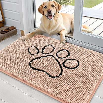 OLANLY Dog Door Mat for Muddy Paws 36x24, Paw Print Design, Absorbs Moisture and Dirt, Absorbent Non-Slip Washable Doormat, Quick Dry Chenille Mud Mat for Dogs, Entry Indoor Entryway Carpet, Peach