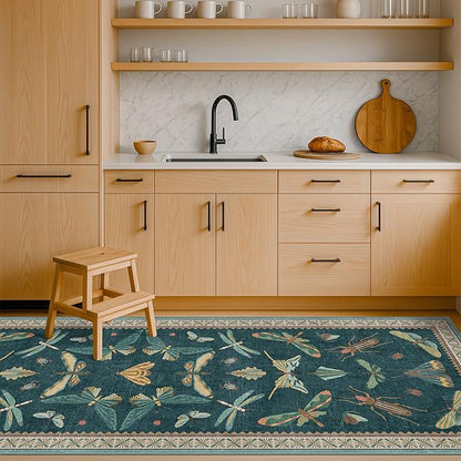 Hazo Haus Brown and Green Kitchen Sink Runner Rug 2x6 - Teal Boho Bathroom Rugs for Entrance Indoor, Insect Print Floral Vintage, Washable Non Skid Stain Resistant