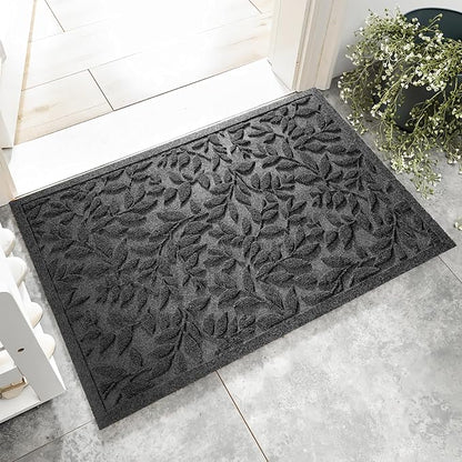 Grey Leaves Outdoor Indoor Entrance Doormats, Absorbent Durable Heavy Duty Welcome Front Door Mat,Thick Natural Rubber Back,Easy Clean Entryway Mat 23x35 Inch, Low Profile