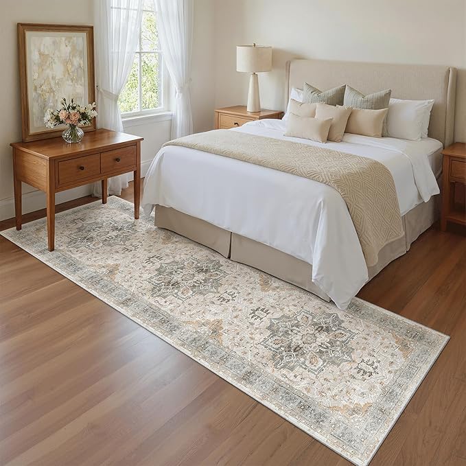 Madane Runner Rug 2x8, Washable Hallway Runner Rugs, Non-Slip Low-Pile Soft Kitchen Rug Runner Laundry Room Rug, Vintage Throw Entry Foyer Mat for Entrance Living Room (Light Taupe Brown, 2 x 8)