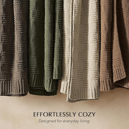 EVERGRACEHOME Modern Checkered Chenille Throw Blanket, Soft Cozy Plaid Knitted Chair Blanket for Sofa Couch, Decorative Knit Throw for Bed and Living Room, Olive Green, 50" x 60"