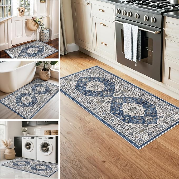 3 Pieces Kitchen Rug Sets: Farmhouse Washable Non-Slip Floor Mat for Sink Stove & Fridge Area Water Resistant Carpet for Laudry Room Entryway Soft Cozy Runners for Kids Pets Family(2x3+2x4+2x5,Blue)