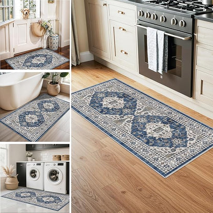 Washable 4-Piece Kitchen Floor Mats: Farmhouse Non-Slip Kitchen Sink Rug Easy Clean Water-Resistant Runners for Hallway Bathroom Soft Decorative Carpet for Pet Feeding Area(2x3+2x4+2x5+2x6,Blue)