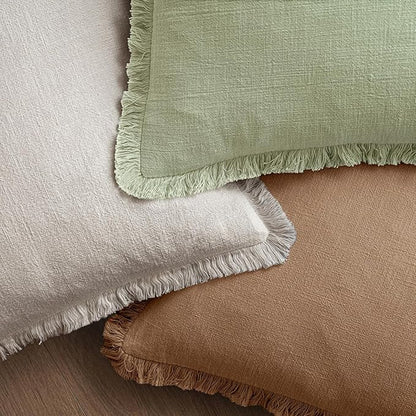 MIULEE Decorative Throw Pillow Covers Neutral Linen Fringe Throw Pillows Set of 2 Sage Green Boho Farmhouse Cushion Covers with Tassels for Couch Sofa Bed Living Room Spring Home Decor 20x20 Inch