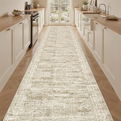 3x18 Washable Runner Rug for Hallway, Non-Slip Long Hallway Runner for Entryway, Soft Vintage Kitchen Mats for Floor, Abstract Dining Room, Bedroom, Living Room Rugs(3'x18', Brown/Ivory)