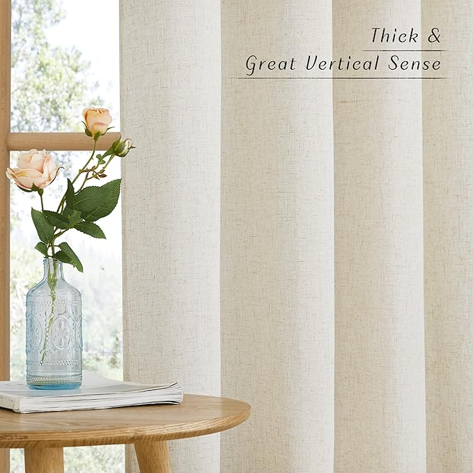 NICETOWN Natural Linen Curtains Flax Texture for Bedroom, Rustic Grommet Top Linen Blend Semi Sheer Privacy Added Window Treatments Light Filtering for Living Room, 55" W x 63" L, Set of 2