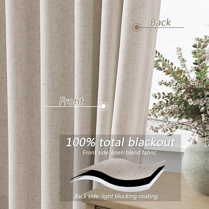 Guken 100% Blackout Curtains 108 Inch Length 2 Panels Set for Living Room Bedroom Back Tab Thermal Insulated Black Out Linen Drapes Room Darkening Window Curtains 108 Inches Long, Sand Beige