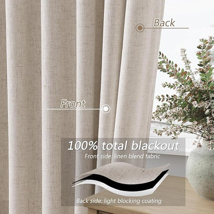 Guken 100% Blackout Curtains 120 Inch Length 2 Panels Set for Living Room Bedroom Back Tab Thermal Insulated Black Out Linen Drapes Room Darkening Window Curtains 120 Inches Long, Sand Beige