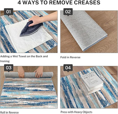 Lansny Modern Abstract 4x6 Living Room Washable Rug Non-Slip Soft Bedroom Area Rug Blue Thin Print Faux Wool Floor Carpet Throw Rugs for Nursery Playroom Dining Room Indoor Office Home Decor
