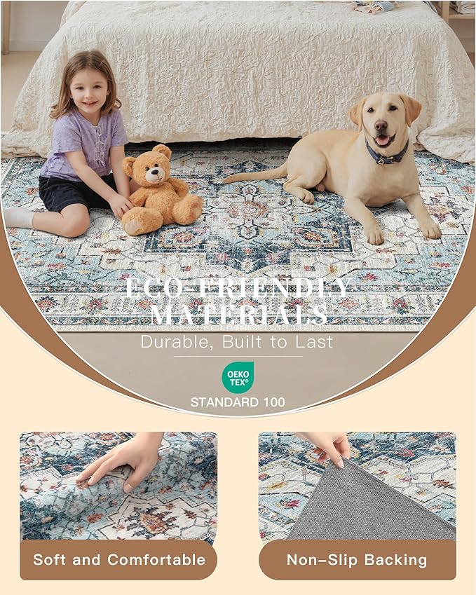 Madane Hallway Runner 3x8, Kitchen Rugs Washable Entryway Rug Vintage Kitchen Runners Non Slip Indoor Area Rug Farmhouse Carpet Runner for Bathroom Living Room Bedroom (3 X 8, Blue)