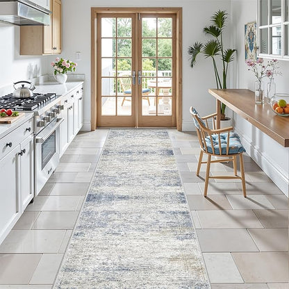 Rug Runners for Hallways Non Slip - 2x8 Runner Rug for Bedroom, Washable Runner with Rubber Backing, Soft Low-Pile Carpet for Kitchen, Laundry, Bathroom (2'x8', Blue/Brown/Ivory)