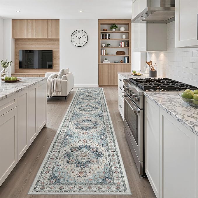 Madane Hallway Runner Rug 2'6''x14' Kitchen Runner, Non Slip Vintage Runners for Hallways Washable Kitchen Rugs Soft Low Pile 2.5x14 ft Rug Runner for Laundry Room, Entryway and Bedroom, Blue