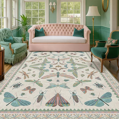 Hazo Haus Sage Green Rugs for Bedroom Under Bed - 6x9 Area Rug for Living Room, Dining Room, Kids Playroom, Fun Insect Cute Décor,Ultra Soft Non Slip Stain Resistant