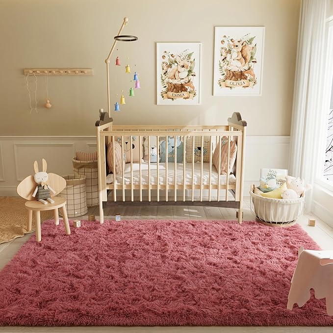 LOCHAS Ultra Soft Indoor Modern Area Rugs Fluffy Living Room Carpets for Children Bedroom Home Decor Nursery Rug 4x5.3 Feet,Blush