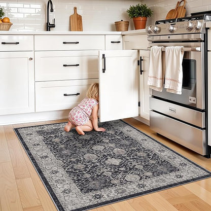 Washable 3x4 Entryway Area Rugs: Ultra Soft Low Pile Carpet for Kitchen Nursery Indoor Light-Weight Doormat Anti-Slip Thin Entry Rug for Living Room Bedroom Small Vintage Floor Mat(3x4,Black)