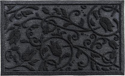 Boho Black Floral Leaves Outdoor Indoor Entrance Doormats, Absorbent Durable Heavy Duty Welcome Front Door Mat,Thick Natural Rubber Back,Easy Clean Entryway Mat 23x35 Inch, Low Profile