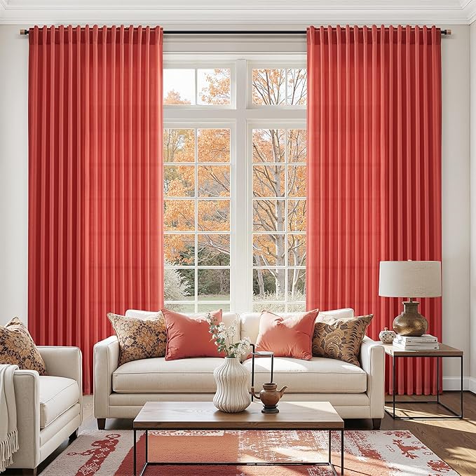Christmas Red Linen 120 Inch Curtains for Living Room Light Filtering Semi Sheer Curtain Back Tab Vintage Rustic Neutral Luxury Home Decor Floor to Ceiling High Window for Bedroom 52x120,2 Panels